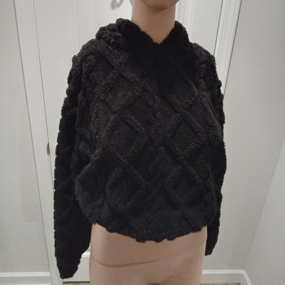 NOBO Juniors Size S 3-5 Black Cable Knit Diamond Textured Teddy Cropped Hoodie